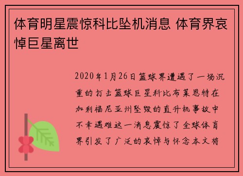 体育明星震惊科比坠机消息 体育界哀悼巨星离世