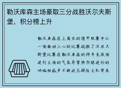 勒沃库森主场豪取三分战胜沃尔夫斯堡，积分榜上升